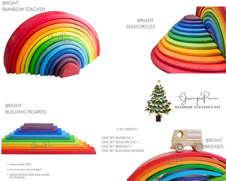 May include: A set of rainbow-colored wooden stacking arches, semicircles, building boards, and bridges. The set includes 4 different types of wooden toys, all in rainbow colors. The set is made of lime wood and weighs 9 pounds.