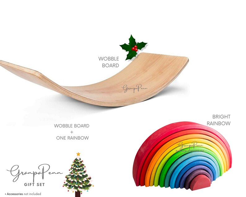 Puede incluir: Un juego de juguetes que incluye una tabla oscilante de madera y un arco&iacute;ris brillante. La tabla oscilante es curva y est&aacute; hecha de madera clara. El apilador de arco&iacute;ris es multicolor. El texto "WOBBLE BOARD" y "BRIGHT RAINBOW" son visibles.