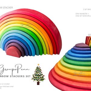 May include: Two sets of rainbow wooden stacking arches, one set is a full rainbow arch and the other set is a half rainbow arch. The arches are made of natural wood and are painted in bright rainbow colors. The text "Granpa Penn Rainbow Stackers Set" is printed on the white background.