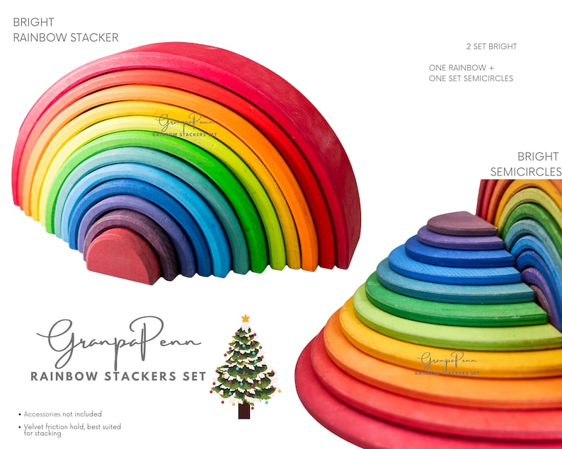 May include: Two sets of rainbow wooden stacking arches, one set is a full rainbow arch and the other set is a half rainbow arch. The arches are made of natural wood and are painted in bright rainbow colors. The text "Granpa Penn Rainbow Stackers Set" is printed on the white background.