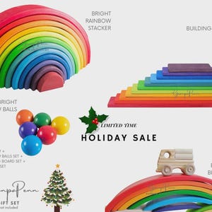 May include: A GranpaPenn gift set featuring a bright rainbow stacker, a set of bright rainbow balls, bright building boards, and bright bridges. The image includes text reading BRIGHT RAINBOW STACKER, BRIGHT BUILDING BOARDS, BRIGHT RAINBOW BALLS, BRIGHT BRIDGES, and LIMITED TIME HOLIDAY SALE.