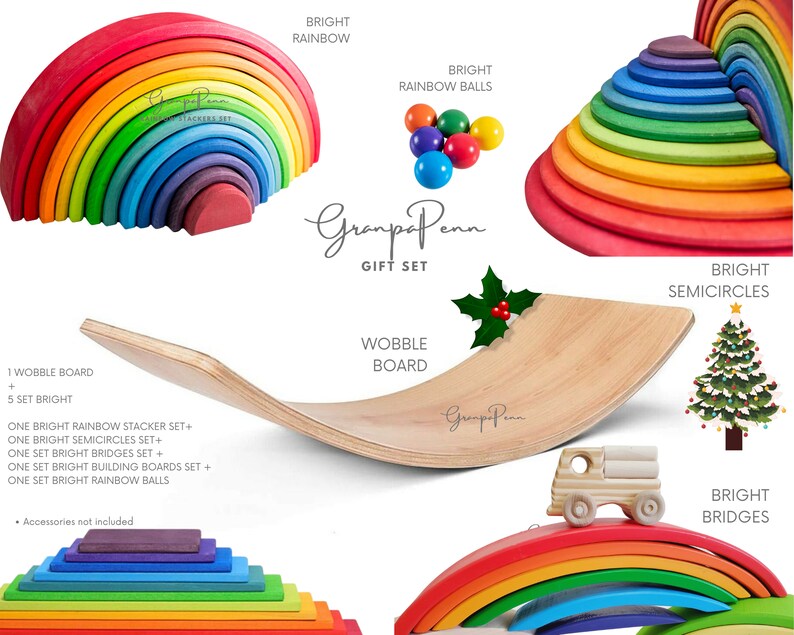 Puede incluir: Un juego de juguetes de madera con un apilador de arco&iacute;ris, bolas de arco&iacute;ris, semic&iacute;rculos, puentes y una tabla oscilante. El juego incluye un cami&oacute;n de madera y tableros de construcci&oacute;n. Los colores son brillantes.