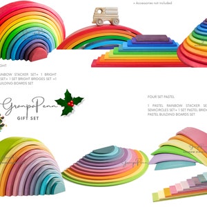 May include: A set of rainbow-colored wooden arch toys, including a rainbow stacker, semicircles, bridges, and building boards. The set is arranged in a colorful display with a Christmas tree and the text "Grampa Penn Gift Set".