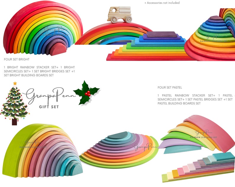 May include: A set of rainbow-colored wooden arch toys, including a rainbow stacker, semicircles, bridges, and building boards. The set is arranged in a colorful display with a Christmas tree and the text "Grampa Penn Gift Set".