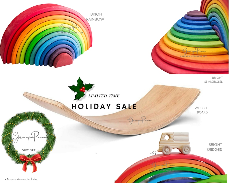 Puede incluir: Un conjunto de juguetes de madera que incluye un apilador de arco&iacute;ris, un apilador de semic&iacute;rculos, una tabla oscilante y un cami&oacute;n peque&ntilde;o. El apilador de arco&iacute;ris es de colores brillantes. Incluye el texto "HOLIDAY SALE".