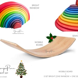 Puede incluir: Una tabla oscilante de madera y dos juegos de apiladores de arco&iacute;ris brillantes. Un juego es un arco&iacute;ris completo, y el otro es un juego de semic&iacute;rculos. El texto de la imagen dice "Bright Rainbow" y "Bright Semicircles".