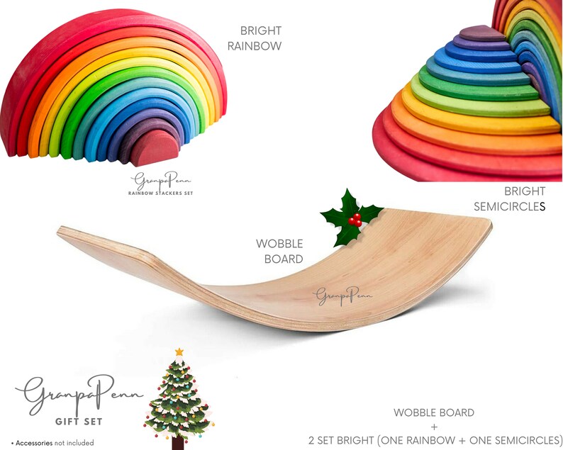 Puede incluir: Una tabla oscilante de madera y dos juegos de apiladores de arco&iacute;ris brillantes. Un juego es un arco&iacute;ris completo, y el otro es un juego de semic&iacute;rculos. El texto de la imagen dice "Bright Rainbow" y "Bright Semicircles".