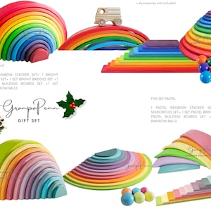 May include: A rainbow-colored wooden arch toy set with a Christmas tree and the text "Grampa Penn Gift Set". The set includes a rainbow stacker, semicircles, bridges, building boards, and rainbow balls.