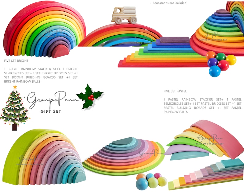 May include: A rainbow-colored wooden arch toy set with a Christmas tree and the text "Grampa Penn Gift Set". The set includes a rainbow stacker, semicircles, bridges, building boards, and rainbow balls.