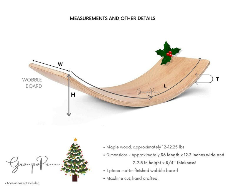 Puede incluir: Una tabla oscilante de madera de arce con un dise&ntilde;o curvo. La tabla mide aproximadamente 91 cm de largo, 31 cm de ancho y 1,9 cm de grosor. La tabla tiene un acabado mate y est&aacute; cortada a m&aacute;quina y hecha a mano. Una ramita de acebo est&aacute; en la parte superior.
