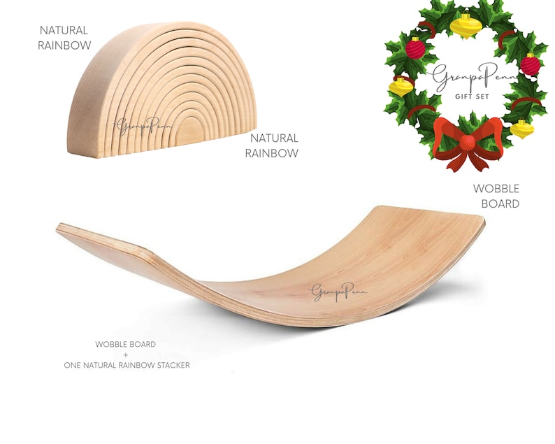 Puede incluir: Un apilador de arco&iacute;ris de madera y una tabla oscilante de madera curvada. El apilador de arco&iacute;ris est&aacute; hecho de m&uacute;ltiples piezas arqueadas. La tabla oscilante es curva y tiene un acabado de madera natural. La imagen tambi&eacute;n incluye una corona navide&ntilde;a.