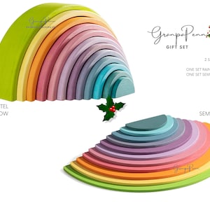 May include: A wooden rainbow arch toy set with pastel colors. The set includes two full rainbow arches and one set of semicircles. The arches are stacked on top of each other, with the semicircles at the bottom. The toy is made of natural wood and is painted with non-toxic paint. The set is perfect for children of all ages.