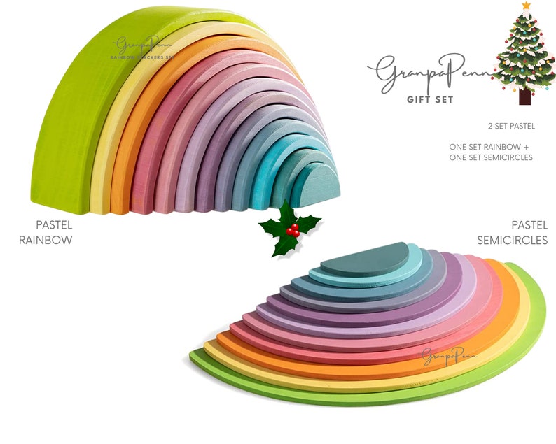 May include: A wooden rainbow arch toy set with pastel colors. The set includes two full rainbow arches and one set of semicircles. The arches are stacked on top of each other, with the semicircles at the bottom. The toy is made of natural wood and is painted with non-toxic paint. The set is perfect for children of all ages.
