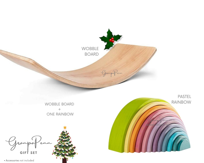 Puede incluir: Un juego de juguetes que incluye una tabla oscilante de madera y un arco&iacute;ris pastel. La tabla oscilante es curva y est&aacute; hecha de madera clara. El apilador de arco&iacute;ris presenta varios colores pastel. El texto de la imagen dice "WOBBLE BOARD + ONE RAINBOW" y "GrampaPenn GIFT SET".