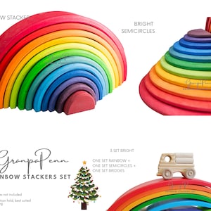 May include: A set of colorful wooden rainbow stackers, semicircles, and bridges. The set includes three different rainbow designs, each with a different shape. The set is made of natural wood and is perfect for children of all ages.