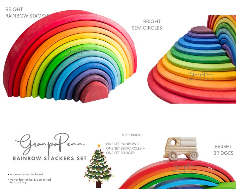 May include: A set of colorful wooden rainbow stackers, semicircles, and bridges. The set includes three different rainbow designs, each with a different shape. The set is made of natural wood and is perfect for children of all ages.