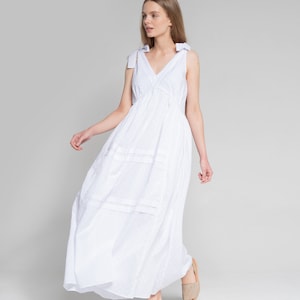 White Cotton Maxi Dress: Sleeveless V-Neck Holiday Dress