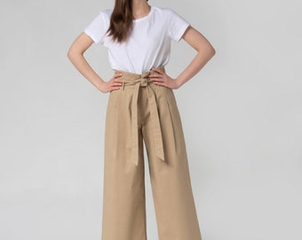 HIGH WAISTED PANTS, Wide Leg Pants, Aesthetic High Rise Belted Pure Cotton Casual Beige Summer Pants For Women, Gift For Sister