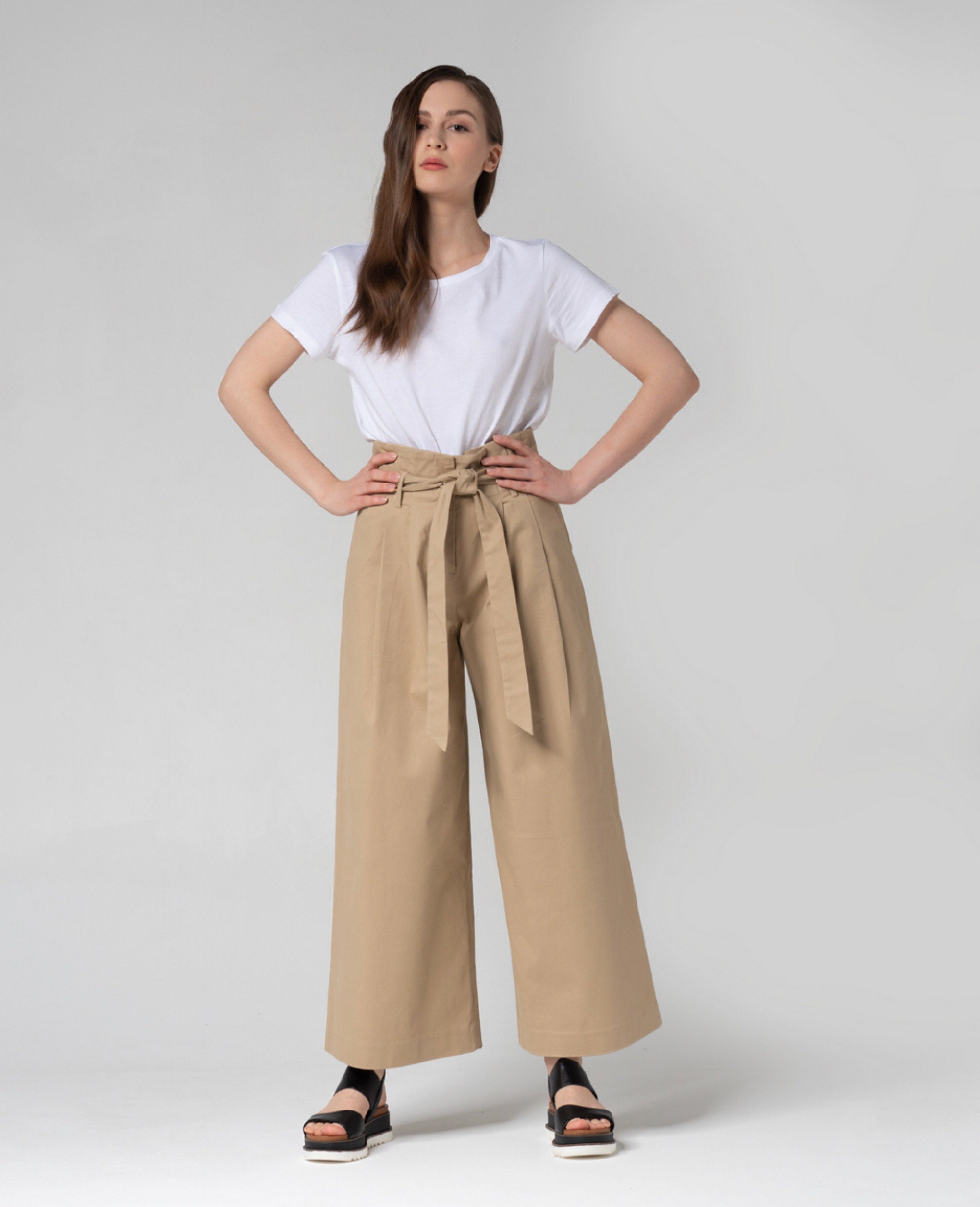 High Rise Wideleg Khaki Pants Etsy