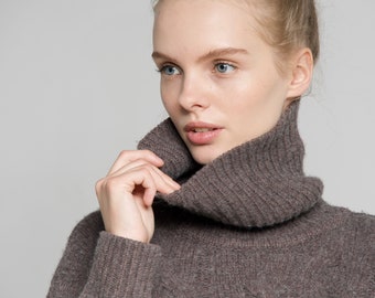 MERINO WOOL SWEATER, knit women casual outfit, turtleneck pullover, white grey brown color, cable knit womens warm jumper, warm gift