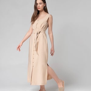 ELEGANT CASUAL DRESS, Midi, Viscose Minimalist Square Neck Sleeveless Tank Dress With Pockets, Formal beige summer Cocktail Dress