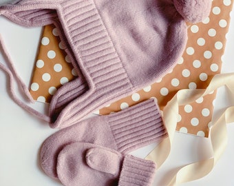 WARM KNIT SET hats and mittens, toddler girls winter hat, pure merino organic wool.Kids warm knitting accessories. birthday gift for girls