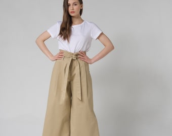 WIDE LEG PANTS, high waisted pants Aesthetic High Rise Belted Pure Cotton Casual Beige Summer Pants For Women, Gift For girlfriend