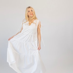 White Cotton Midi Dress: Sleeveless Tiered Summer Beachwear