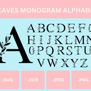 Letras y hojas, paquete de iniciales de letras, SVG, JPG, PNG, XCS, monograma de letras, hojas, monograma floral, iniciales de nombre, letras para vaso, bolsa de mano, camiseta