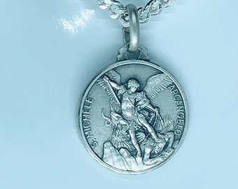 Vintage St Saint Michael Archangel Angel Sterling Silver Signed Creed Heavy Shield Religious Medal Pendant Necklace Long Steel Chain