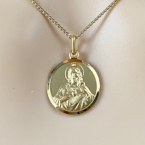 Sacred Heart Of Jesus, 18mm, 18K Solid Gold, Double Face Scapular, Religious Medal Unisex, Birthday Gift for Husband,  Brother