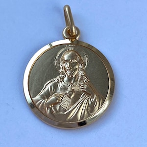Sacred Heart Of Jesus, 18mm, 10K Solid Gold, Double Face Scapular, Religious Medal Unisex, Birthday Gift for Husband,