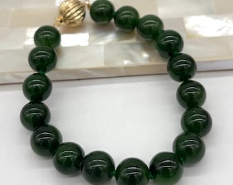 Jade Bracelet 14K Gold, 9mm Round Natural Nephrite Jade Pendant, Canadian BC Jade, Birthday Gift for Women, Christmas Gift