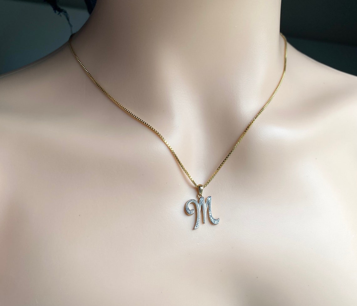 M Initial Pendant 10K Solid Gold Diamond Initial Necklace Etsy