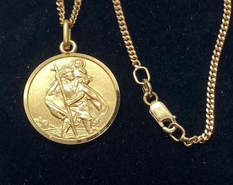 14K Solid Gold Saint Christopher, 20MM Round Medallion, Patron Of The Traveler, Birthday Gift Men, Gift for Mariners, Mother’s Day Gift