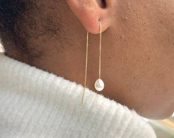 Pearl Threader Gold Earrings, 10K, 14K, 18K Gold Earrings, Long Dangle Drop Earrings, Birthday Gift for Women, Jewelry for Woman, Christmas