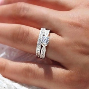 Engagement Wedding Ring Set, Vintage Style Sterling Silver, Engagement Ring And Wedding Band Set,