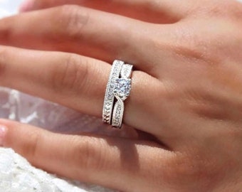 Engagement Wedding Ring Set, Vintage Style Sterling Silver, Engagement Ring And Wedding Band Set,