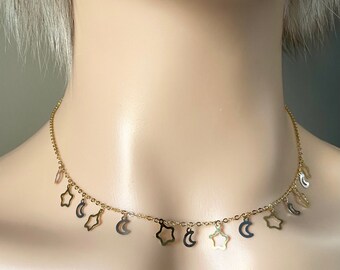 14K Solid Gold Choker Necklace, Stars and Moon Necklace, Celestial Necklace for Women, Birthday Gift for Wife,  for Women