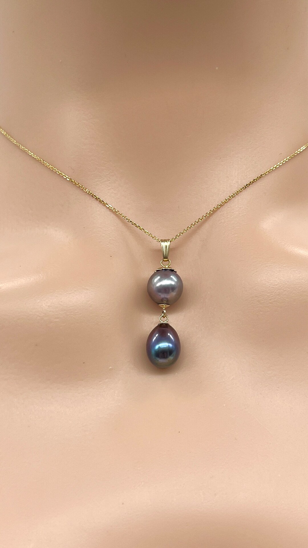 Black Pearl Gold Necklace, 14K Solid Gold Necklace for Women