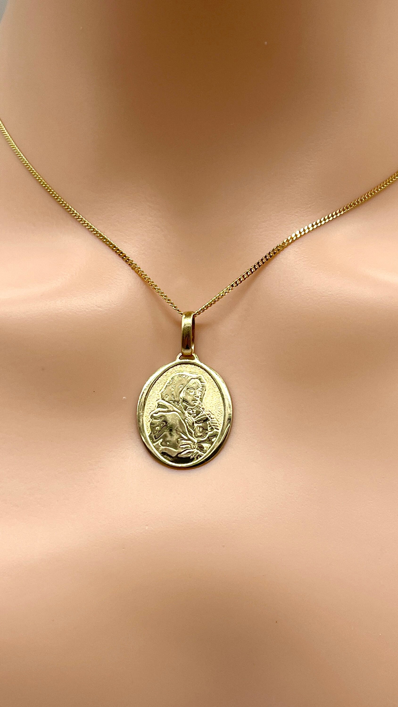 Madonna and Child Gold Pendant, 14K Solid Gold Necklace