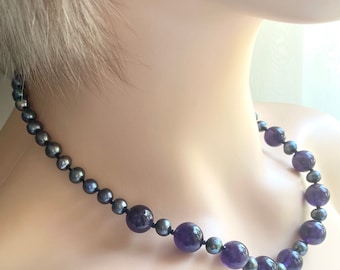 Amethyst Pearl Necklace, Black Pearl Necklace, Amethyst Necklace Statement, , Birthday Gift for Women