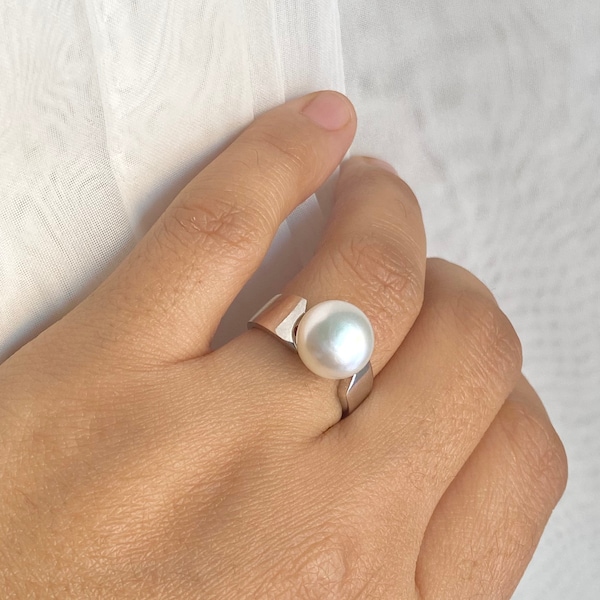 Perlen Solitär Ring, 925 Sterling Silber Ring, Süßwasser Perle Statement Ring, Geburtstagsgeschenk für Frauen, Weihnachten für Mama / Frau