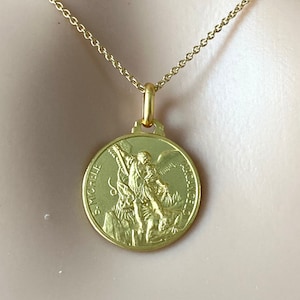 Saint Michael Archangel Pendant, 16mm, 18K Solid Gold Saint Michael Archangel Necklace, Gift for Police, Gift for Soldiers, Gift for Doctors