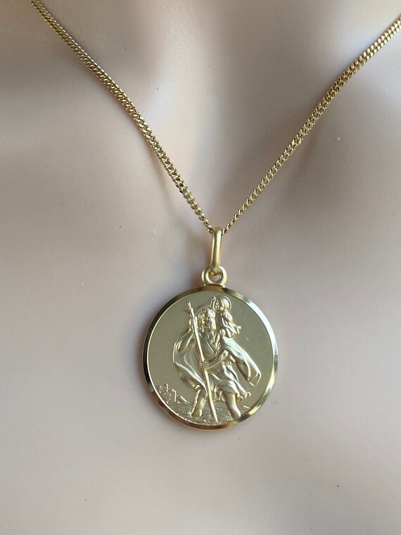 14K Gold Saint Christopher, Necklace for Men, 25mm Round Medallion