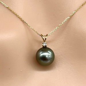 14K Tahitian Pearl Necklace, 9.5-10mm Black Pearl Necklace with Small Diamond, Birthday Gift for Women, Bridesmaid Gift, Jewelry for Woman