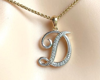 D Initial Pendant, 10K Gold Diamond Script Initial Necklace, Personalized Gift, Birthday Gift for Women,