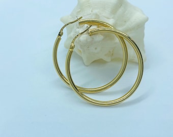 Brincos de argola dourados, 2 mm, em ouro maciço 18K, leves e confortáveis, presente de aniversário para mulheres, presente de Natal.
