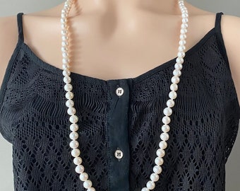 Long Pearl Necklace, 35in, 8mm  Pearl Necklace, Endless Knotted Pearl, Birthday Gift for Mom, Gift for Wife