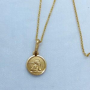 Guardian Angel Pendant, 8MM 10K Solid Gold Round 3D Design Angel Necklace, Solid Italian Gold, Religious Jewelry, Birthday Gift, Baby Gift